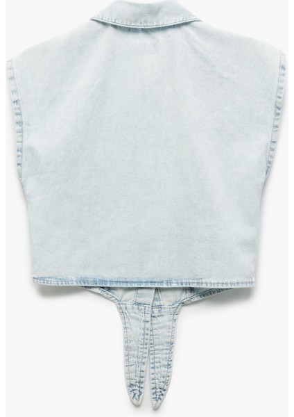 Düğme Kapamalı Bağlama Detaylı Pamuklu Denim Gömlek