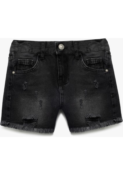 Pamuklu Cepli Yıpratılmış Detaylı Yüksek Bel Denim Şort