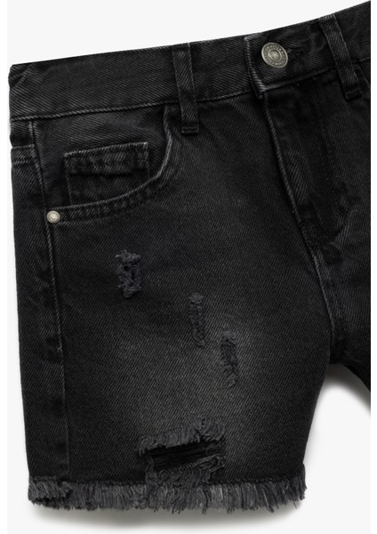 Pamuklu Cepli Yıpratılmış Detaylı Yüksek Bel Denim Şort