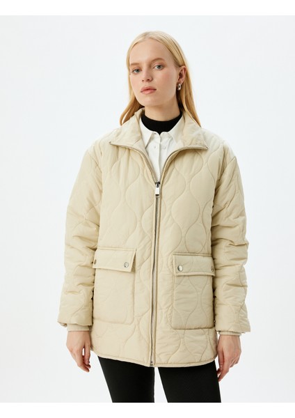 Fermuarlı Cepli Dik Yaka Kapitone Şişme Mont modelleri