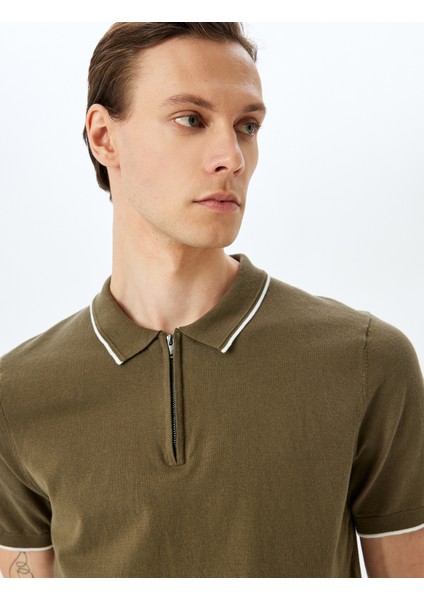 Yarım Fermuarlı Yaka Detaylı Pamuklu Kısa Kollu Triko Kazak