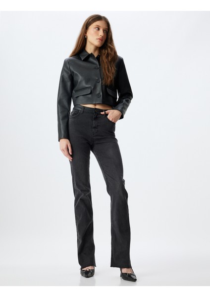 Ispanyol Paça Kot Pantolon Suni Deri Detaylı Yırtmaçlı Standart Bel Slim Fit - Flare Jeans