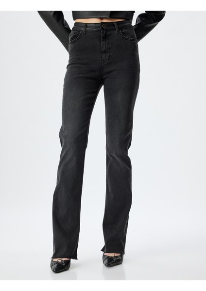 Ispanyol Paça Kot Pantolon Suni Deri Detaylı Yırtmaçlı Standart Bel Slim Fit - Flare Jeans