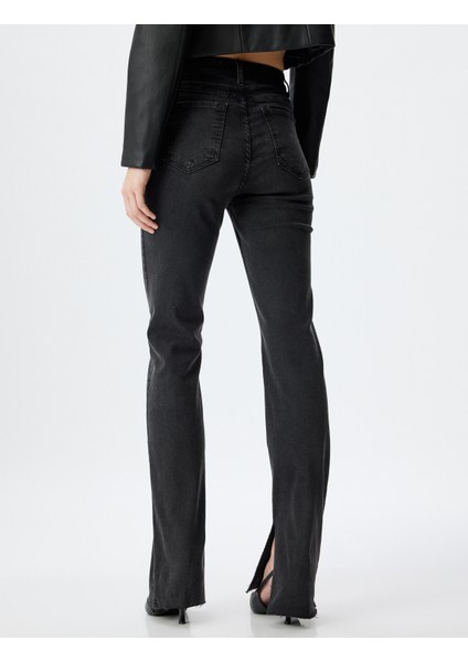 Ispanyol Paça Kot Pantolon Suni Deri Detaylı Yırtmaçlı Standart Bel Slim Fit - Flare Jeans