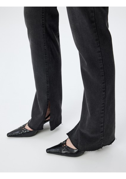 Ispanyol Paça Kot Pantolon Suni Deri Detaylı Yırtmaçlı Standart Bel Slim Fit - Flare Jeans
