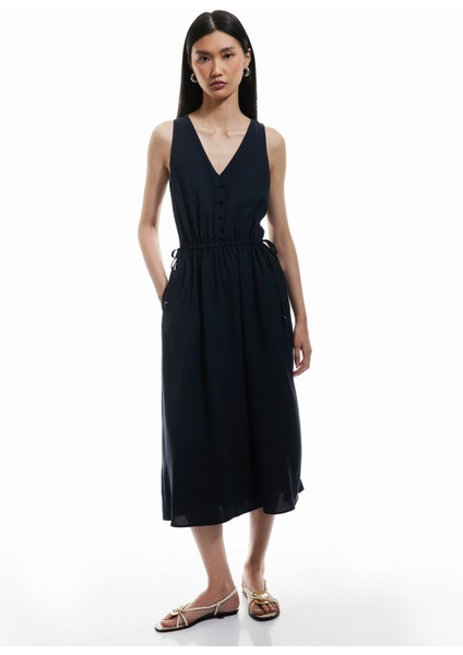 Viskon Keten Karışımlı Cepli Kolsuz V Yaka Midi Boy Elbise