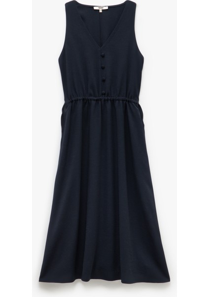 Viskon Keten Karışımlı Cepli Kolsuz V Yaka Midi Boy Elbise modelleri