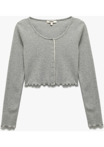 Çıt Çıt Düğmeli Yuvarlak Yaka Uzun Kollu Slim Fit Crop Tişört modelleri