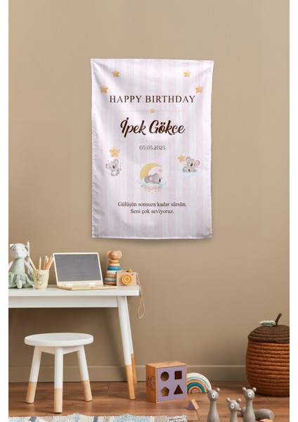 Kişiye Özel Doğum Günü Koala Temalı Happy Birthday Duvar Örtüsü Duvar , Doğum Günü Flaması