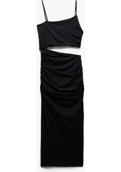 Ince Askılı Yan Pencere Detaylı Midi Bodycon Elbise