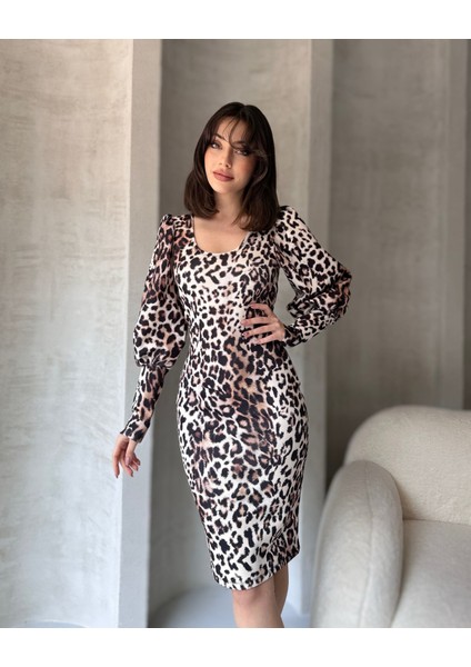 Leopar Desenli Midi Boy Elbise