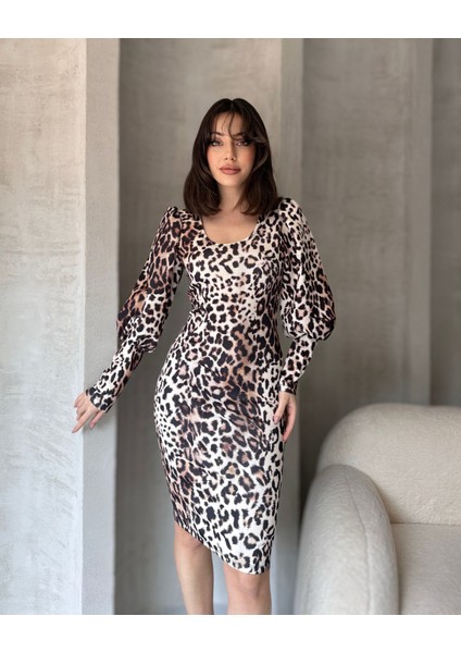 Leopar Desenli Midi Boy Elbise