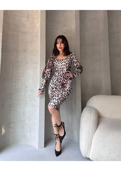 Leopar Desenli Midi Boy Elbise