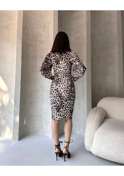 Leopar Desenli Midi Boy Elbise