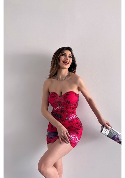 Çiçek Desenli Drapeli Mini Dilber Elbise