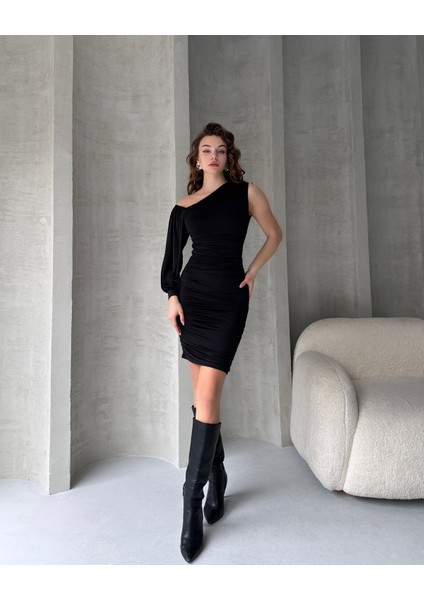 Tek Omuz Drapeli Mini Elbise