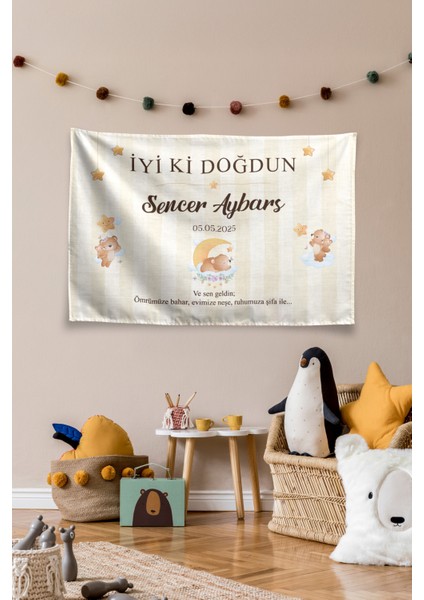 Kişiye Özel Doğum Günü Ayıcık Temalı Happy Birthday Duvar Örtüsü Duvar , Doğum Günü Flaması