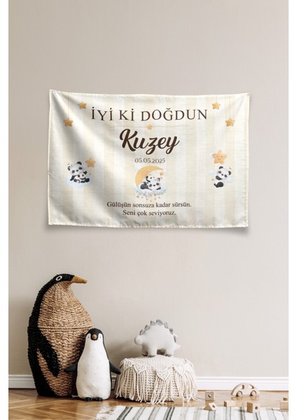 Kişiye Özel Doğum Günü Panda Temalı Happy Birthday Duvar Örtüsü Duvar , Doğum Günü Flaması