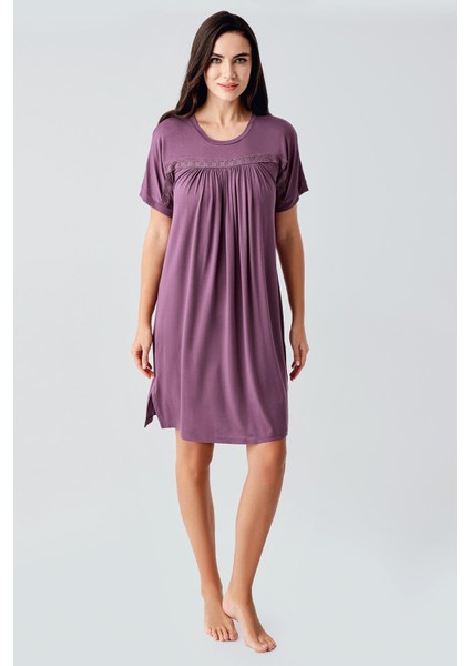 Dantelli Kısa Kollu Esnek Viskoz Gecelik 17104