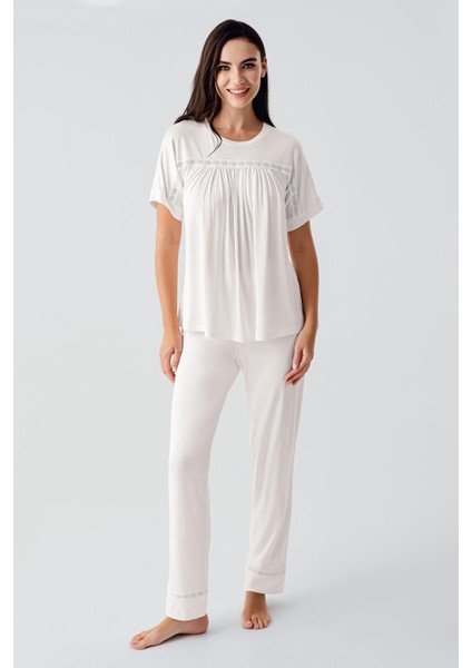 Dantelli Kısa Kollu Esnek Viskoz Pijama Takım 17204