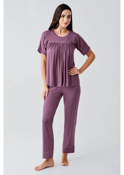 Dantelli Kısa Kollu Esnek Viskoz Pijama Takım 17204
