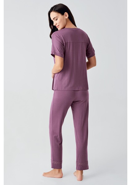 Dantelli Kısa Kollu Esnek Viskoz Pijama Takım 17204 modelleri