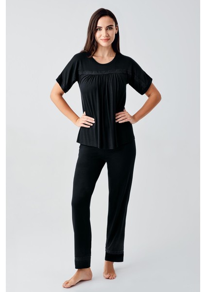 Dantelli Kısa Kollu Esnek Viskoz Pijama Takım 17204