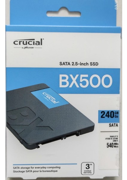 New Crucial BX500 240GB 3D Nand Sata 2,5 Sıralı Okuma 540 Mb/s Sıralı Yazma 500 Mb/s (Yenikutusuyla)