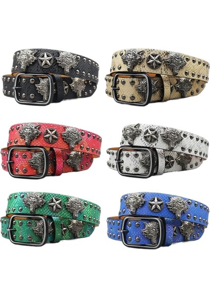 7 Renk 3D Kurt Başlı Perçin Kemer Punk Erkek Kemeri Yılan Desen Çok Yönlü Dekorasyon Y2K Kemer (Yurt Dışından)