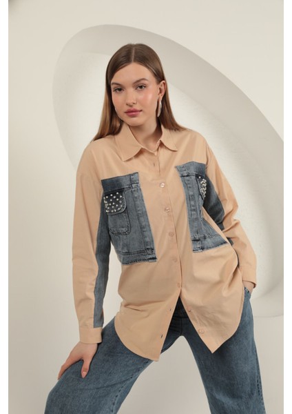 Poplin Kumaş Kot Garnili Bej Kadın Gömlek