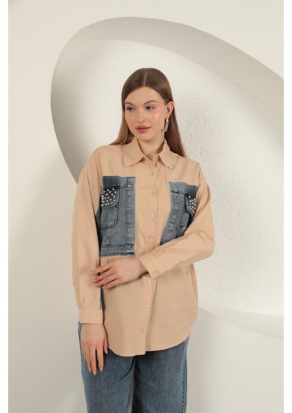 Poplin Kumaş Kot Garnili Bej Kadın Gömlek