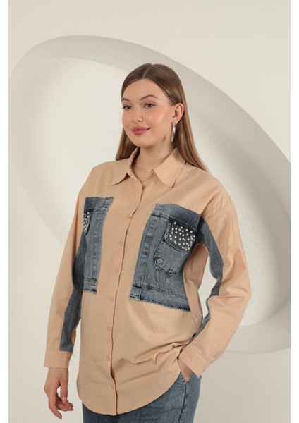 Poplin Kumaş Kot Garnili Bej Kadın Gömlek