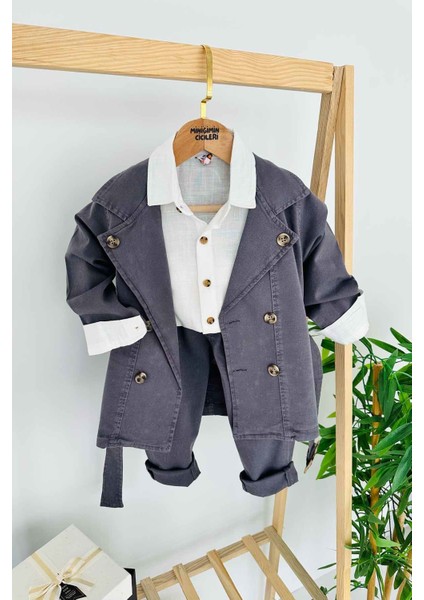 Düğmeli Trenç Gömlekli 3 Lü Erkek çocuk Takım - Antrasit