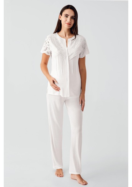 Vual Detaylı Düğmeli Kısa Kollu Esnek Viskoz Hamile Pijama Takım 17203