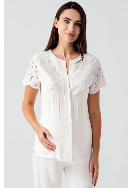 Vual Detaylı Düğmeli Kısa Kollu Esnek Viskoz Hamile Pijama Takım 17203 fiyatları