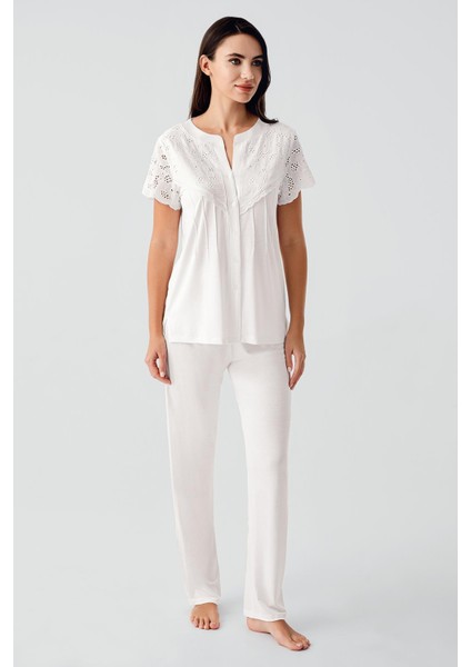 Vual Detaylı Düğmeli Kısa Kollu Esnek Viskoz Hamile Pijama Takım 17203 modelleri