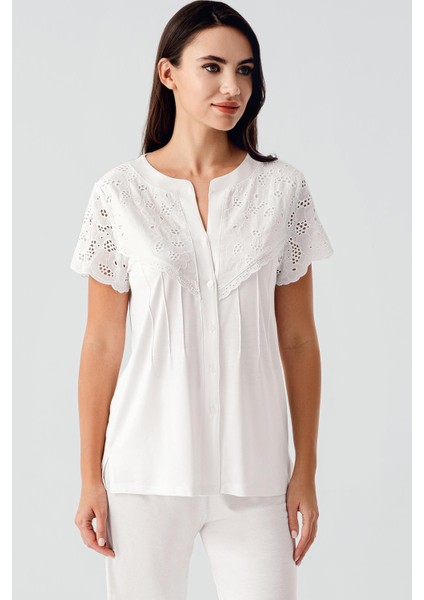 Vual Detaylı Düğmeli Kısa Kollu Esnek Viskoz Hamile Pijama Takım 17203 fırsatları