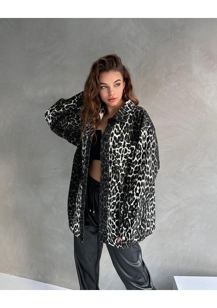 Leopar Desen Çift Cep Oversize Denim Gömlek Ceket