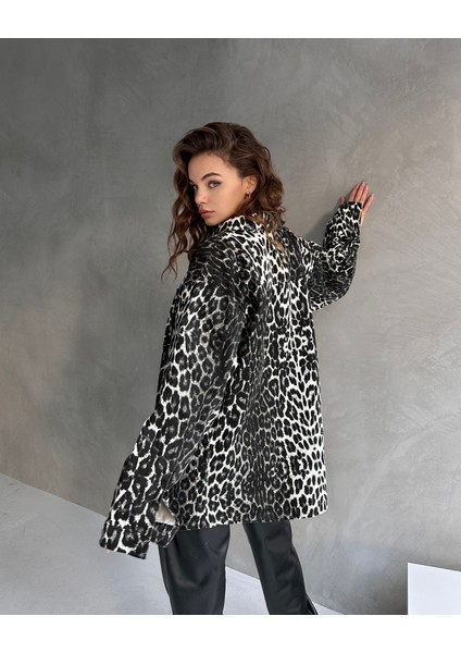 Leopar Desen Çift Cep Oversize Denim Gömlek Ceket