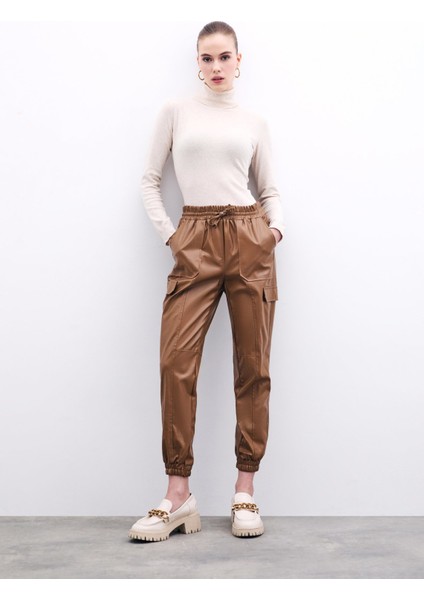 Deri Jogger Pantolon - Bej