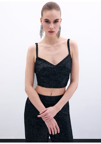 Kalın Askılı Payet Crop - Siyah