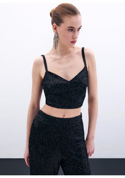 Kalın Askılı Payet Crop - Siyah modelleri