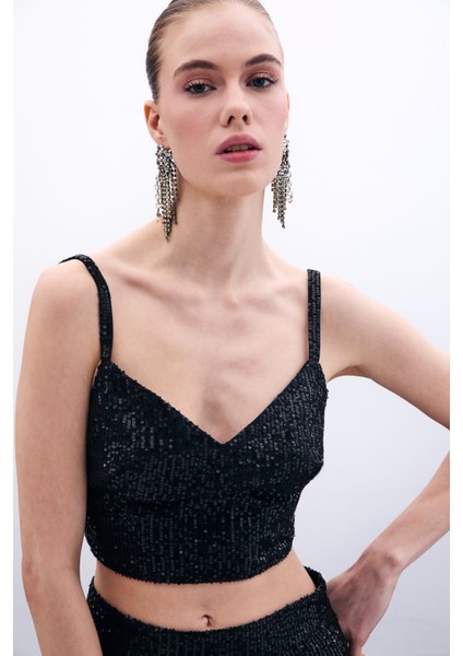 Kalın Askılı Payet Crop - Siyah fırsatları