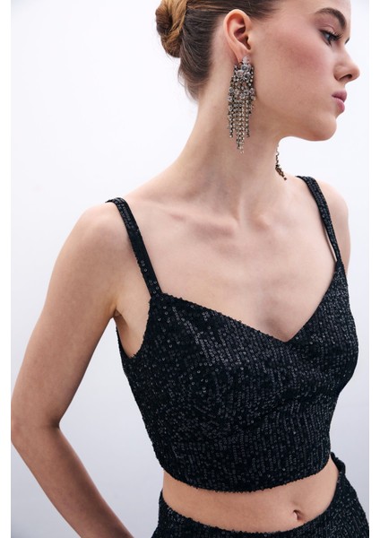 Kalın Askılı Payet Crop - Siyah indirimleri