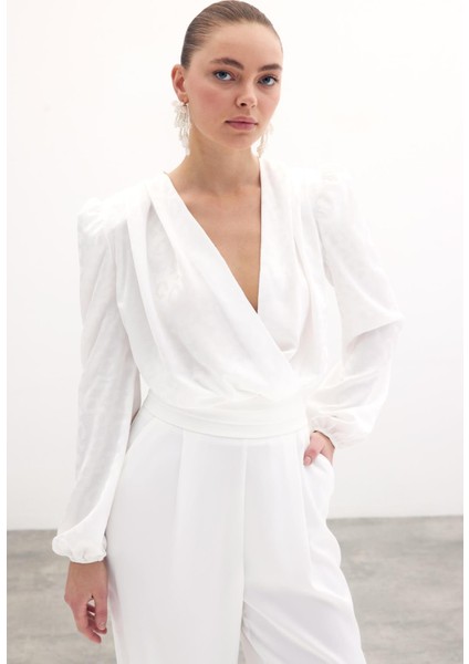 Kruvaze Desenli Bodysuit Bluz - Ekru modelleri