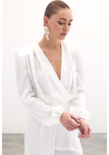 Kruvaze Desenli Bodysuit Bluz - Ekru fırsatları