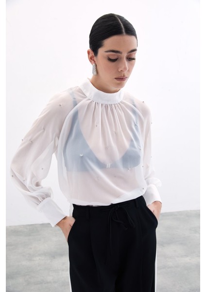 Taş Detaylı Transparan Bluz - Ekru