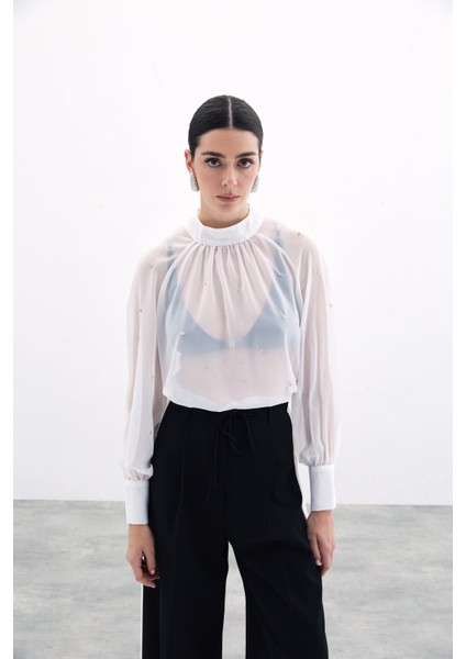 Taş Detaylı Transparan Bluz - Ekru fırsatları