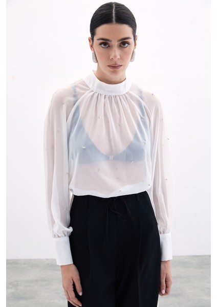 Taş Detaylı Transparan Bluz - Ekru indirimleri