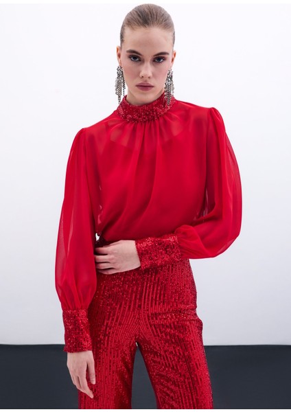 Payet Detaylı Bluz - Kırmızı